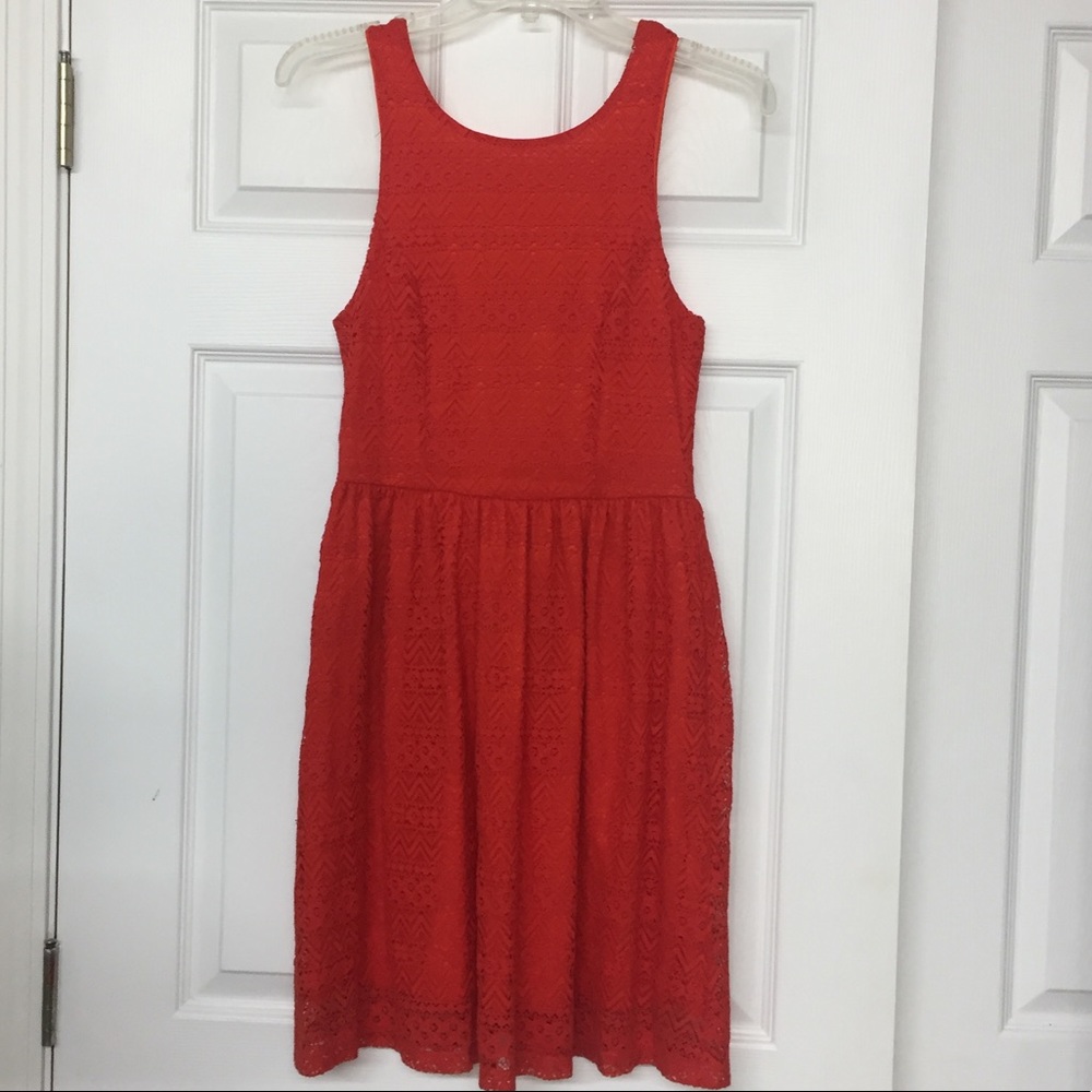 Everly Deep V Back Eyelet Lacy Red Tank Dress Sz S